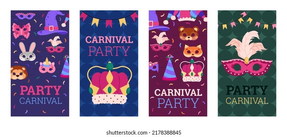 Set of colorful invites for party carnival flat style, vector illustration isolated on white background. Design templates with different masks and hats