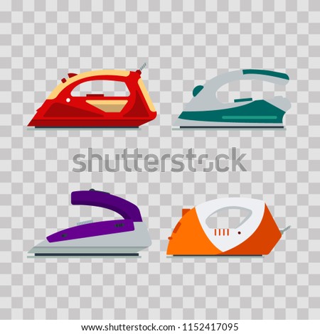 Set of colorful irons on transparent background - vector illustration. Flat icon logo electrical equipment, ironing electric appliance, home device, housework tool.