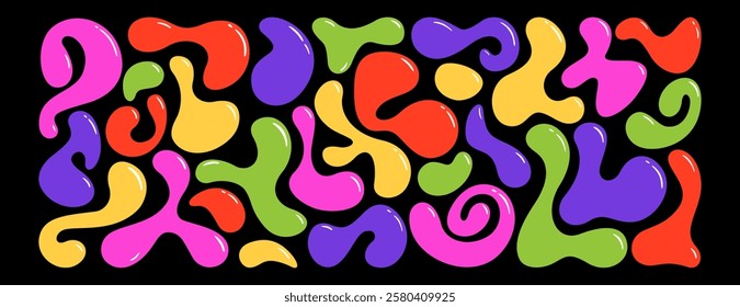 Set of colorful irregular blobs, random liquid organic drop shapes. Amorphous splodges, asymmetric spots, fluid uneven elements or simple amoeba figures. Abstract glossy color form on black background