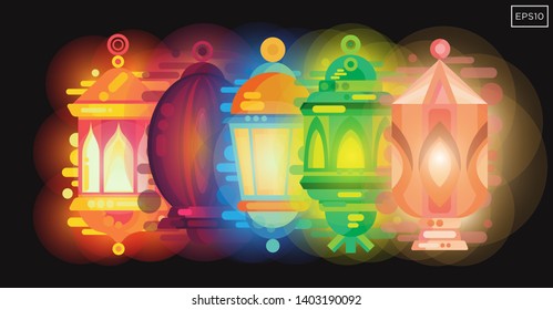 Set of Colorful Islamic Lantern with Glowing Effect and Ramadan Kareem Lettering Design. Vector Illustration.