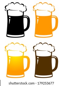 set of colorful isolated beer mugs with foam on white background