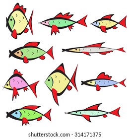 Set of colorful isolated cartoon fish.