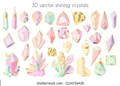 Set Of Colorful Isolated Elements - Crystals And Gems On White Background, Hand Drawing Graphics, Vector Illustration