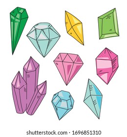 Set bunte Einzelelemente - Kristalle und Edelsteine auf weißem Hintergrund, handgezeichnete Grafiken, Vektorillustration-Illustration EPS