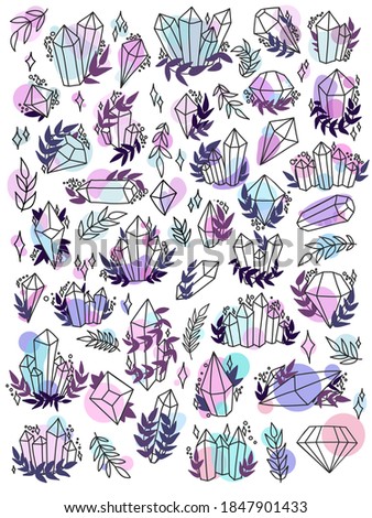 Set of colorful isolated elements crystals and gems on white background, hand drawing graphics, vector illustration. Magic fairytale Halloween theme. Magical elements. Beautiful pastel  drawing