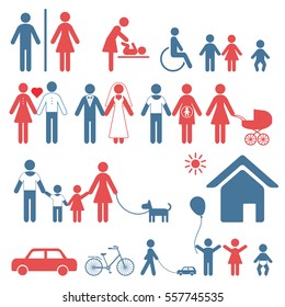 Set of colorful isolated family icons and signs for public places. 