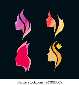 Set of Colorful Isolated Girls Profiles. Vector Silhouettes. Logo Concept for Beauty Salons and Spa.
