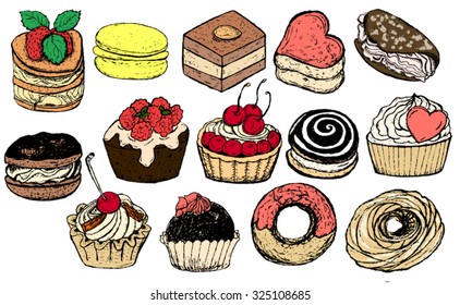 Set of colorful isolated hand-drawn sweets: cookies, cupcake, biscuit, donuts, tartlets, cake, cheesecake, ring with cottage cheese, cake with chocolate, cream, fruit (cherry and strawberry), etc..