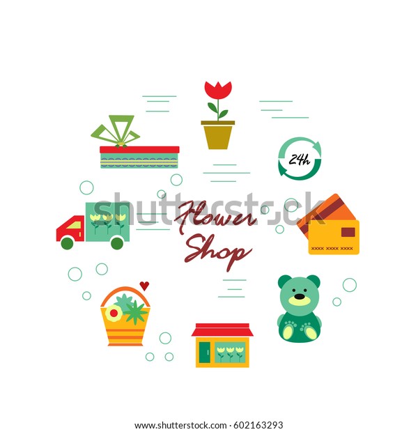 Set of colorful isolated icons for flower delivery\
or flower shop. Flat\
style.