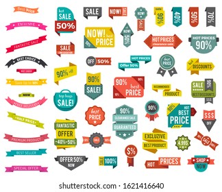 Set of colorful isolated labels with promotion caption. Big sale with best discounts and offers. Hot prices on clearance. Collection of advertising tags, icons. Vector illustration in flat style