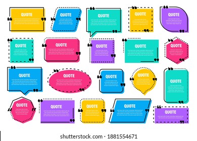 Set of colorful isolated quote frames. Speech bubbles with quotation marks. Blank text box and quotes. Blog post template. Vector illustration.