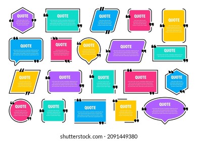 Set of colorful isolated quote frames. Speech bubbles with quotation marks. Blank text box and quotes. Blog post template. Vector illustration.