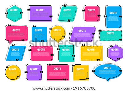 Set of colorful isolated quote frames. Speech bubbles with quotation marks. Blank text box and quotes. Blog post template. Vector illustration.