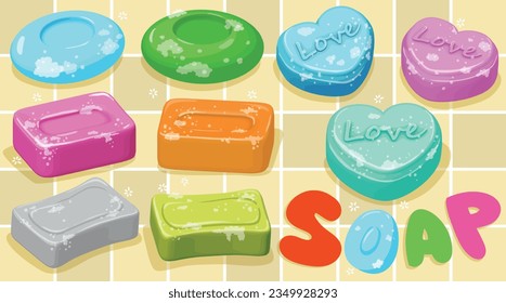 A set of colorful isolated soap bars includes hand soap, body soap, and antibacterial soap.
