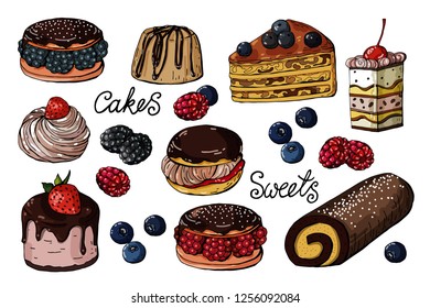 Set of colorful isolated Sweets and Cakes on a white background, vector illustration