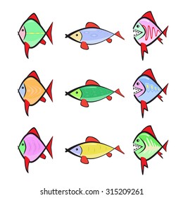 Set of colorful isolated tropical cartoon fish.