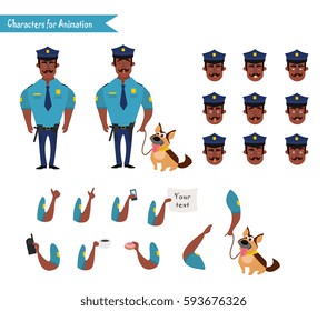 Set of colorful isolated vector African American policeman at work. African American Policeman Funny Characters Set. Parts of body template for animation.  Emoji face icons