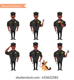 Set of colorful isolated vector African American policeman at work. African American Policeman Funny Characters Set. policeman character for scenes. Parts of body template for animation.