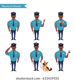 Set of colorful isolated vector African American policeman at work. African American Policeman Funny Characters Set. policeman character for scenes. 