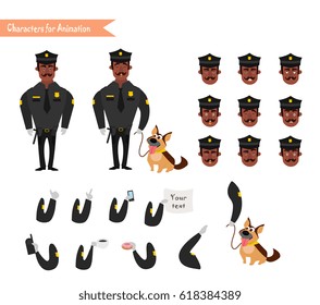 Set of colorful isolated vector African American policeman at work. African American Policeman Funny Characters Set. policeman character for scenes.