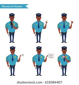 Set of colorful isolated vector African American policeman at work. African American Policeman Funny Characters Set. policeman character for scenes.