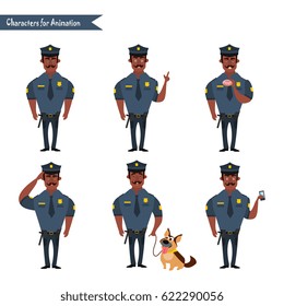 Set of colorful isolated vector African American policeman at work. African American Policeman Funny Characters Set. policeman character for scenes.