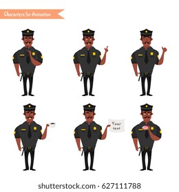 Set of colorful isolated vector African American policeman at work. African American Policeman Funny Characters Set. policeman character for scenes.