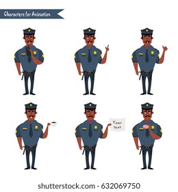 Set of colorful isolated vector African American policeman at work. African American Policeman Funny Characters Set. policeman character for scenes.