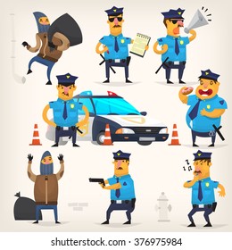 Set of colorful isolated vector policeman at work.