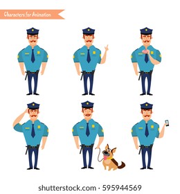 Set of colorful isolated vector policeman at work. American Policeman Funny Characters Set. policeman character for scenes. Parts of body template for animation. Emoji face icons