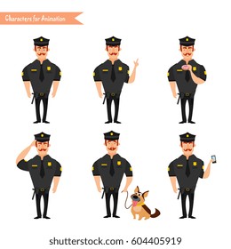 Set of colorful isolated vector policeman at work. Set of police in uniform. Policeman and police dog standing on white background in flat style.