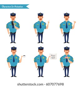 Set of colorful isolated vector policeman at work. American Policeman Funny Characters Set. policeman character for scenes. Parts of body template for animation. Emoji face icons