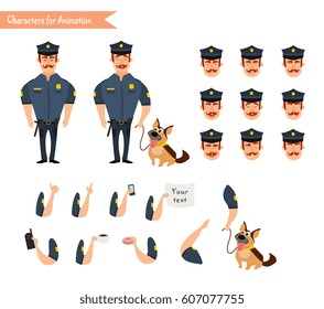 Set of colorful isolated vector policeman at work. American Policeman Funny Characters Set. policeman character for scenes. Parts of body template for animation. Emoji face icons