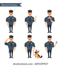 Set of colorful isolated vector policeman at work. American Policeman Funny Characters Set. policeman character for scenes. Parts of body template for animation. Emoji face icons