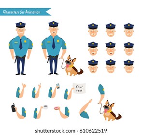 Set of colorful isolated vector policeman at work. American Policeman Funny Characters Set. policeman character for scenes. Parts of body template for animation. Emoji face icons