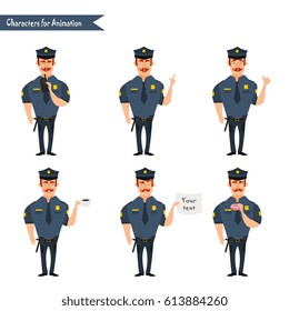 Set of colorful isolated vector policeman at work. American Policeman Funny Characters Set. policeman character for scenes. Parts of body template for animation. Emoji face icons
