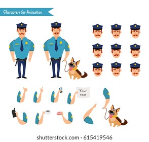 Set of colorful isolated vector policeman at work. American Policeman Funny Characters Set. policeman character for scenes. Parts of body template for animation. Emoji face icons