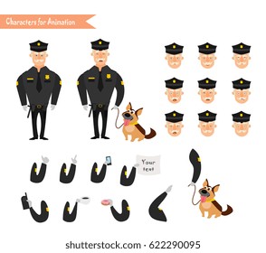 Set of colorful isolated vector policeman at work. American Policeman Funny Characters Set. policeman character for scenes. Parts of body template for animation. Emoji face icons