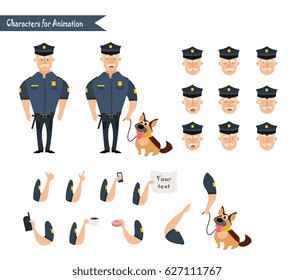 Set of colorful isolated vector policeman at work. American Policeman Funny Characters Set. policeman character for scenes. Parts of body template for animation. Emoji face icons