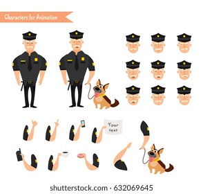Set of colorful isolated vector policeman at work. American Policeman Funny Characters Set. policeman character for scenes. Parts of body template for animation. Emoji face icons