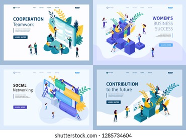 Set colorful Isometric concept cooperation Teamwork, brainstorming, social networking, success, contribution. Easy to edit and customize.