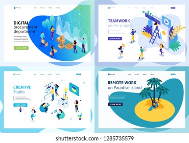 Set Colorful Isometric Concept Creative Studio, Cooperation Teamwork, Digital Procurement Department, Remote Work. Easy To Edit And Customize.