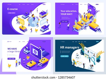 Set colorful Isometric concept e-courses, education, hr manager, library. Easy to edit and customize.