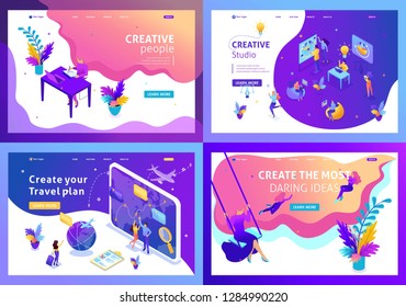 Set colorful Isometric concept girl freelancer, creative people, vacation plan, tour, creative studio. Easy to edit and customize.