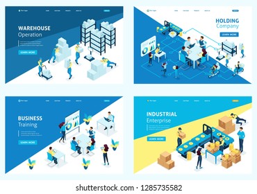 Set colorful Isometric concept warehouse, holding company, business training, industrial enterprise. Easy to edit and customize.