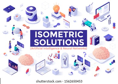 Set of colorful isometric design elements isolated on white background - artificial intelligence and neural networks or connectionist systems, robotics, computer science. Modern vector illustration.
