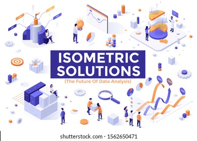 Set of colorful isometric design elements isolated on white background - big data analysis, statistical research, financial information visualization, business analytics. Modern vector illustration.