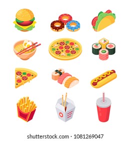 Set of colorful isometric fast food icons: burger, sushi, rolls, ramen, pizza, tacos, donuts, hotdog, soda and french fries. Favorite food. Isolated vector 3d illustration.