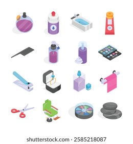 A set of colorful isometric illustrations of various beauty and spa products.