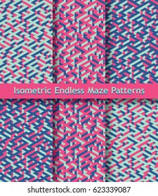 Set of colorful isometric maze patterns. Seamless ornament. Bright pink, dark blue, pistachio green. Vector illustration of endless labyrinth texture for background, print, wrapping, web, design. 